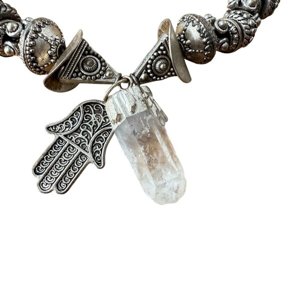 Clear Beaded Crystal at Bullet Hand of Fatima Pendant Necklace Silver Tone - Picture 5 of 5